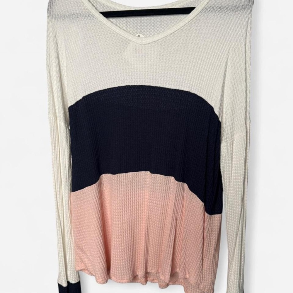 1X White Navy Blue & Light Pink Waffle Long Sleeve